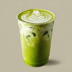 Iced matcha latte with foam art in a clear plastic cup isolated