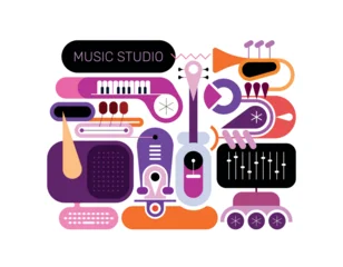 Gardinen Abstraktion Kunst Abstract vector illustration with guitar, piano keyboard, trumpets and musical electronic equipment. Designed in a flat geometric style isolated on a white background.  ©  danjazzia