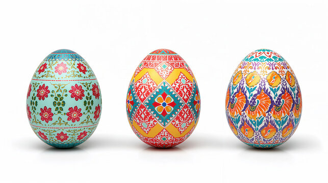Tre uova di Pasqua decorate con motivi floreali e ornamenti geometrici colorati isolati su sfondo bianco. Generative AI 