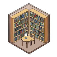 Cozy isometric library with bookshelves and reading table. © Rina