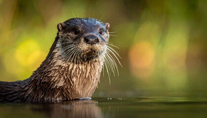 Fototapeta premium Close-up portrait of a North American river otter in its natural habitat, looking at the camera.
