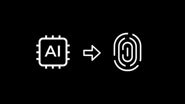 Artificial intelligence chip icon pointing to a fingerprint represents the use of neural networks to enhance biometric authentication accuracy and speed