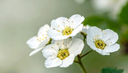 Fototapeta premium Close-up view of delicate white flowers with yellow centers blooming on a green stem.