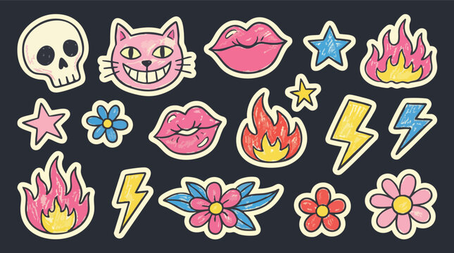 Cartoon stickers with skull cat lips flowers.