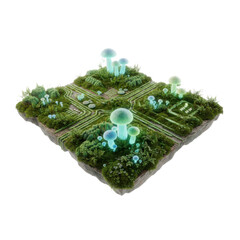 Bioluminescent Mushrooms Growing on a Mossy Circuit Board Landscape
