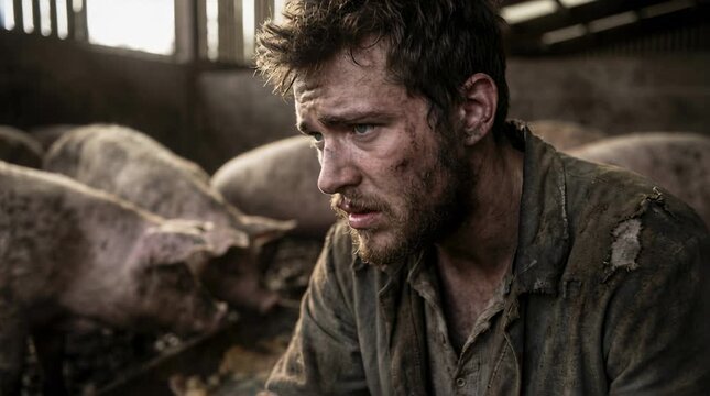 Biblical Prodigal Son Covered in Dirt Sitting in Pig Pen with Swine, Wearing Rags, Symbol of Poverty, Regret