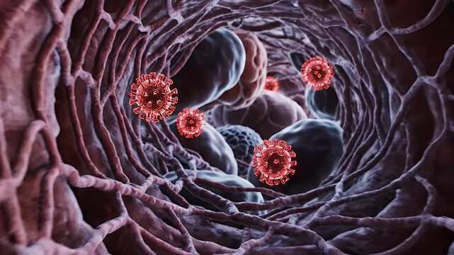 Microscopic view inside a blood vessel with red spherical viruses floating in dark blue plasma and surrounding tissues