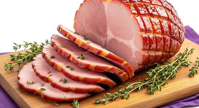 Sliced glazed ham on wooden cutting board with fresh thyme garnish and purple background