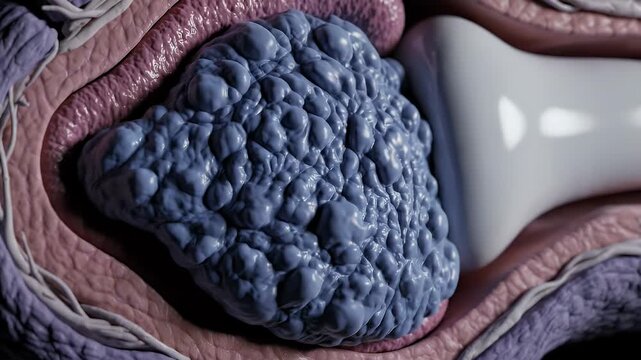 Microscopic view of a cancerous tumor growing on bone tissue illustrating cell mutation and disease progression
