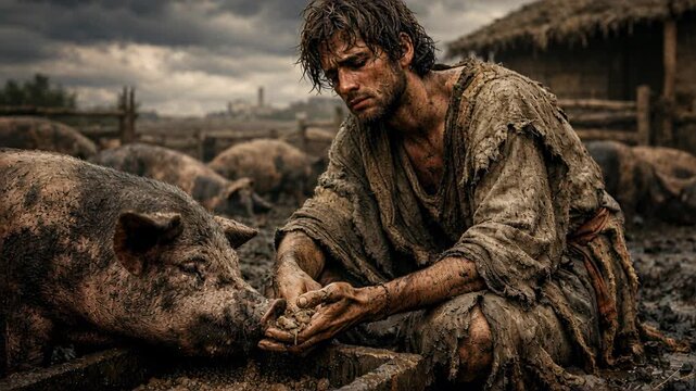 Biblical Prodigal Son Covered in Dirt Sitting in Pig Pen with Swine, Wearing Rags, Symbol of Poverty, Regret