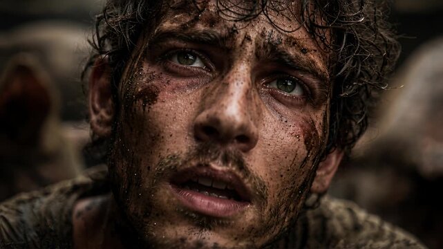 Biblical Prodigal Son Covered in Dirt Sitting in Pig Pen with Swine, Wearing Rags, Symbol of Poverty, Regret