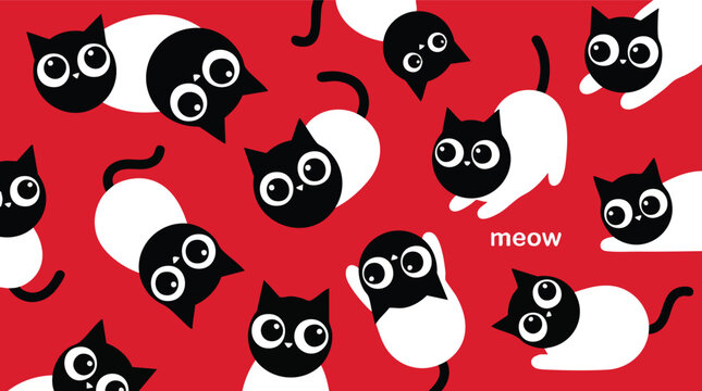 Black and White Cartoon Cats Pattern.