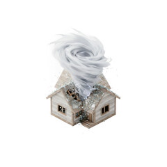 Tornado Destroying a Wooden House Shattered Roof