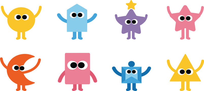 Cute Shape Monsters Vector Character Set with Colorful Circle Star Moon and Triangle Mascot Icons Isolated on White Background