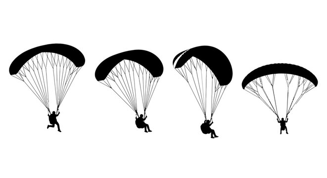 Diverse Paragliding Silhouettes in Action Against a White Background