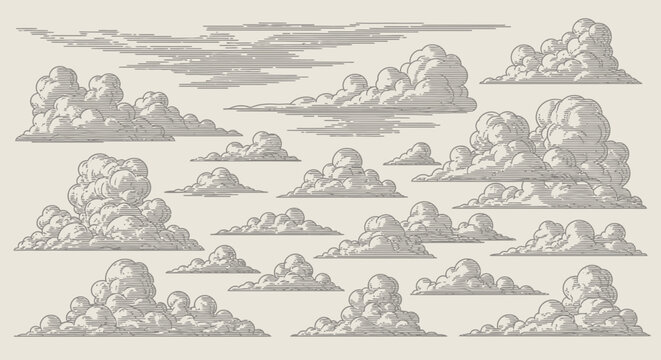 Vintage Hand-Drawn Cloud Illustrations, Stylized Sky Elements for Artistic Design