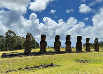 Ahu Akivi, seven moai statues facing the sea, Easter Island, Rapa Nui