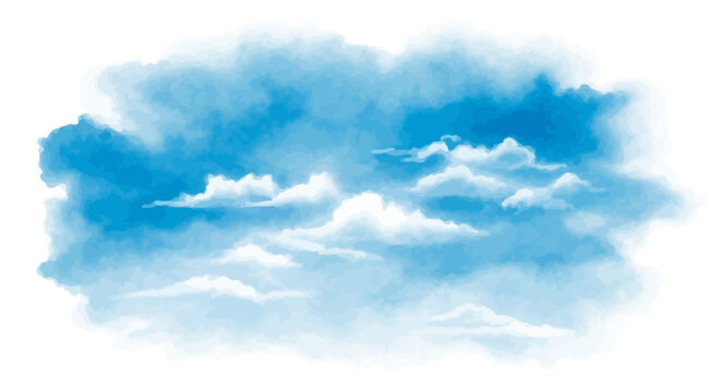 Beautiful Blue Sky with Fluffy White Clouds - Artistic Watercolor Illustration