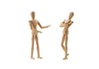 Two Wooden Mannequins In Body Language Conversation And Disagreement On Transparent Background