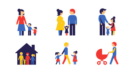 Diverse Family Concepts Illustrated with Modern, Colorful Flat Icons on White