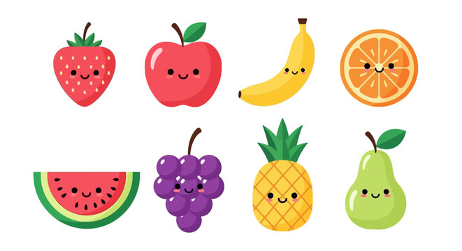 Cute Kawaii Fruits Characters Collection Vector Set, Adorable and Playful