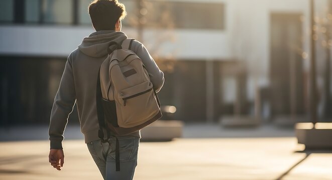 High school student wearing backpack walking outdoors in natural sunlight, candid lifestyle moment capturing modern education, youth independence, and back to school concept.