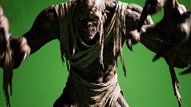 A scary mummy monster with long arms and sharp claws standing on green background