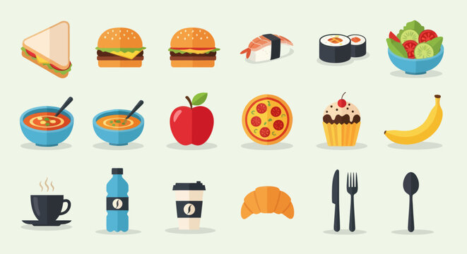 Collection of Food Icons: Sandwich Burgers Sushi Salad Soup Apple Pizza Cupcake Banana Coffee Water Croissant Cutlery.