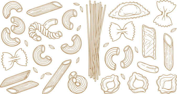 Italian Pasta Varieties Vector Illustration Set with Penne Farfalle Fusilli Spaghetti and Ravioli Line Art Isolated on White