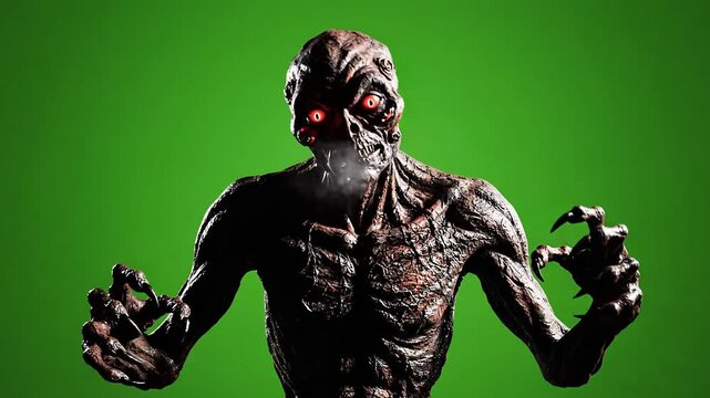 A grotesque monster with glowing red eyes and a dark, scaly body against a green background, looking menacing and terrifying with sharp claws outstretched