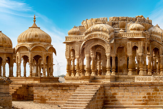 Golden sandstone cenotaphs of Bada Bagh in Jaisalmer.