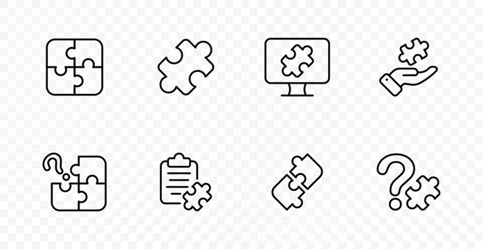 Puzzle solution set icon. Connected pieces, missing element, problem solving, system integration, screen assembly, hand support, checklist task, question answer