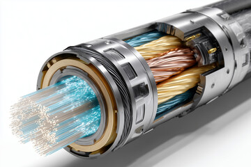 Coupe transversale de c&acirc;ble sous-marin : armure en acier, tubes en cuivre et fibres optiques lumineuses. Isol&eacute; sur fond blanc. D&eacute;tails d'ing&eacute;nierie industrielle et haute technologie