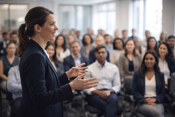 Obraz premium Confident businesswoman delivers an engaging presentation to a diverse corporate audience in a modern conference room, demonstrating leadership, communication, teamwork and professional collaboration 