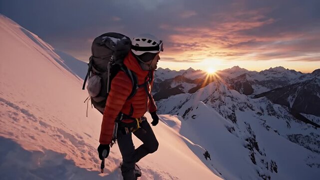 Man In Red Jacket Ascending Snowy Mountain Slope At Golden Sunset