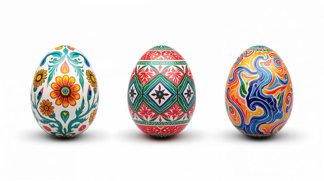 Tre uova di Pasqua decorate con pittura artistica a motivi floreali e astratti isolato su sfondo bianco. Generative AI 