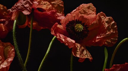 A close up of a red poppy flower with a black background. The flower is the main focus of the image, and it is the most vibrant and eye-catching element. The black background adds a sense of contrast