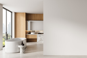 Fototapeta premium Contemporary bathroom interior with empty white wall for poster mockup or design template presentation in modern minimalist home setting. 3D Rendering