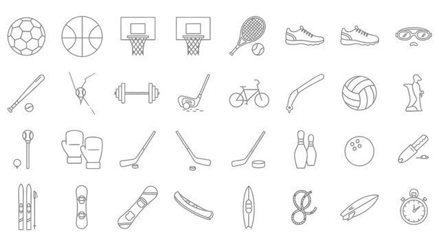 Collection of sports icons representing various athletic activities and equipment in a simple line art style