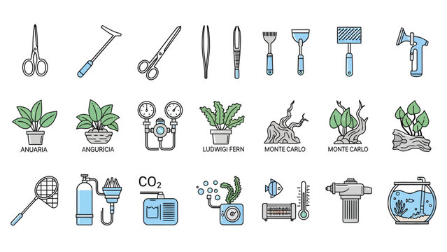Gardening tools and plants illustrated in a collection of icons showcasing various gardening activities and equipment in a clear visual representation