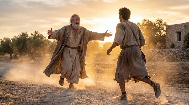 Prodigal Son Returns Home, Loving Father Hugging Dirty Son at Golden Sunset, Christian Parable of Forgiveness, Repentance and Unconditional Love