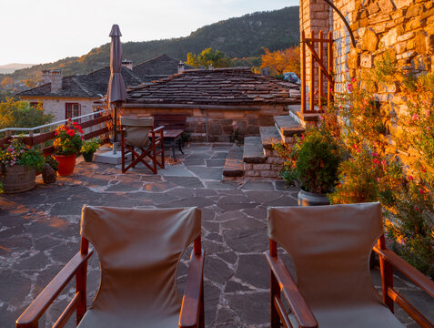 An street cafe in the tourist village of Mikro Papingo in the mountains of Epirus in Greece