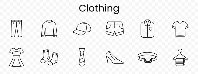 Fototapeta premium Clothing set icon. Pants, sweater, cap, shorts, shirt, tshirt, dress, socks, tie, heel, belt, hanger, wardrobe, fashion, outfit, retail, style