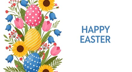 Fototapeta premium Easter floral arrangement with eggs and flowers on white background