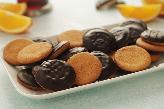 Traditional English cookies with orange marmalade Jaffa cakes	
