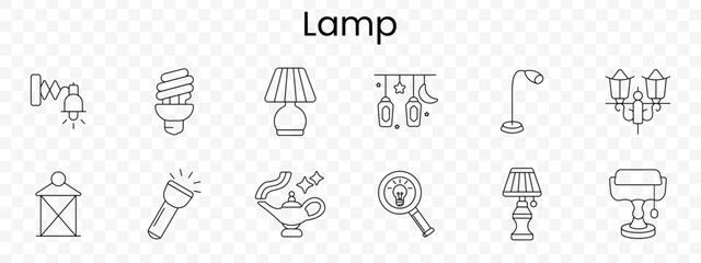 Lamp lighting set icon. Wall light, energy bulb, table lamp, decorative lantern, desk lamp, street light, flashlight, magic lamp, magnifier