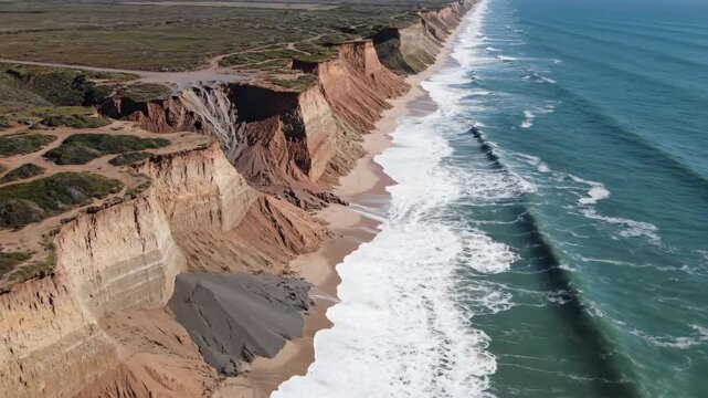 Coastal cliffs with sandy beach and waves crashing against shore, showcasing erosion patterns and natural landscape along the coastline in a sunny environment