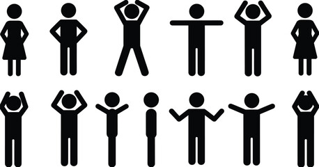 Collection of fourteen human figure silhouette icons in various standing poses, showcasing expressive gestures and diverse stances for design, communication, and symbolic representation projects