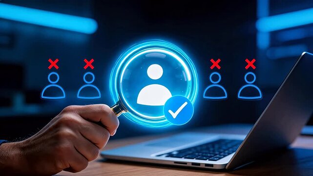 Hand holding magnifying glass verifying user