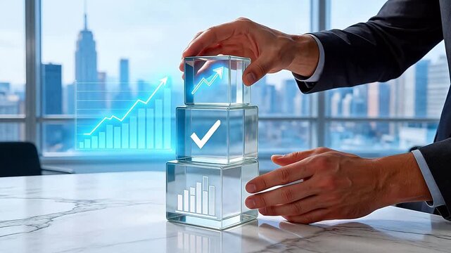 Businessman stacking glass blocks with charts